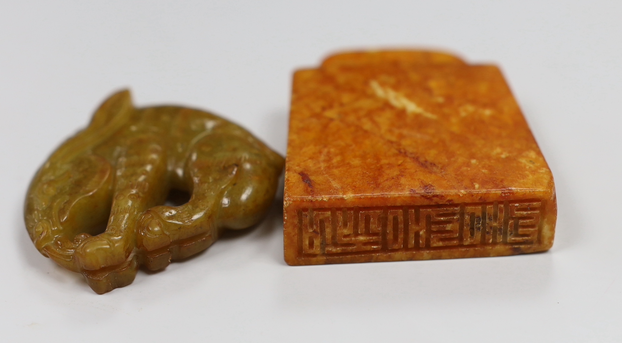 Three Chinese archaistic stone seals and four other carvings, the largest 10cm high (7)
